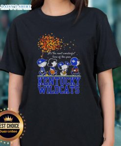 Alt Text: Hot Snoopy and Friends Kentucky Wildcats autumn ladies tee, celebrating the most wonderful time of the year.