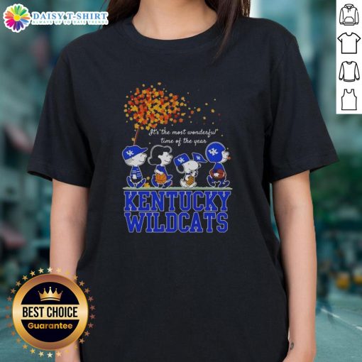 Alt Text: Hot Snoopy and Friends Kentucky Wildcats autumn ladies tee, celebrating the most wonderful time of the year.