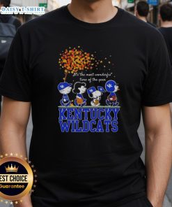 Alt Text: Hot Snoopy and Friends Kentucky Wildcats autumn t-shirt celebrating 'It's the Most Wonderful Time of the Year.'