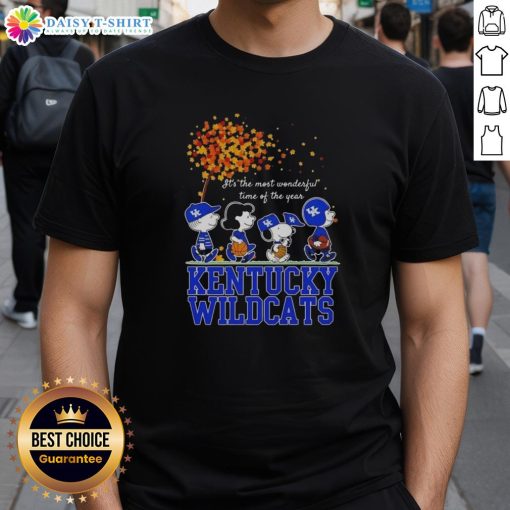 Alt Text: Hot Snoopy and Friends Kentucky Wildcats autumn t-shirt celebrating 'It's the Most Wonderful Time of the Year.'