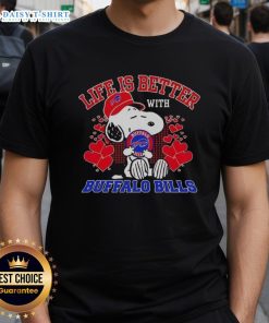 Alt Text: Hot Snoopy Buffalo Bills NFL t-shirt design featuring 'Life is Better with Bills Mafia' slogan, perfect for fans.