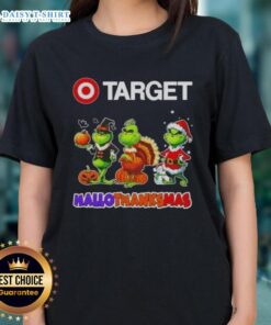 Hot Target X Grinch cosplay tee for ladies celebrating Happy HalloThanksMas with festive design and vibrant colors.