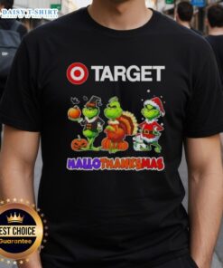 Hot Target X Grinch cosplay Happy Hallothanksmas T-Shirt featuring festive design and vibrant colors for holiday celebrations.