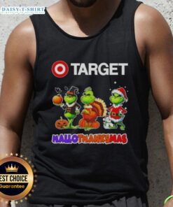 Hot Target X Grinch cosplay tank top for Happy HalloThanksMas featuring festive design and vibrant colors.