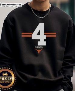 CJ Baxter wearing a Hot Texas Longhorns football 4-stripe sweatshirt, showcasing team spirit and style.