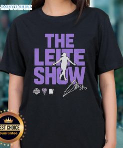 Alt Text: Carla Leite wearing the Hot The Leite Show Golden State Valkyries Ladies Tee, showcasing vibrant design and style.