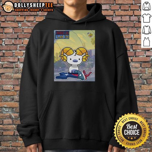 Hot Los Angeles Rams stampede through Houston Texans hoodie graphic featuring team logos and vibrant colors.