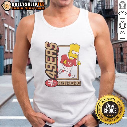 Alt Text: Bart Simpson in a stylish tank top featuring the San Francisco 49ers logo, perfect for fans and summer wear.