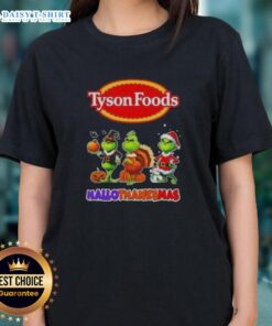 Hot Tyson Foods x Grinch cosplay tee for ladies celebrating Happy HalloThanksMas with festive design.