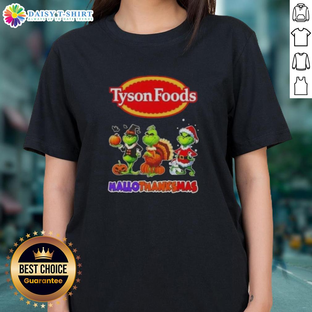 Hot Tyson Foods X Grinch Cosplay Happy Hallothanksmas Ladies Tee Hot Tyson Foods x Grinch cosplay tee for ladies celebrating Happy HalloThanksMas with festive design.