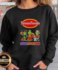 Hot Tyson Foods X Grinch cosplay sweatshirt for Happy HalloThanksMas featuring vibrant colors and festive design.