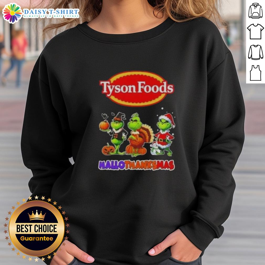 Hot Tyson Foods X Grinch Cosplay Happy Hallothanksmas Sweatshirt Hot Tyson Foods X Grinch cosplay sweatshirt for Happy HalloThanksMas featuring vibrant colors and festive design.