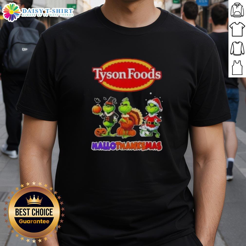 Hot Tyson Foods X Grinch Cosplay Happy Hallothanksmas T Shirt Hot Tyson Foods X Grinch Cosplay T-Shirt for Happy Hallothanksmas featuring festive graphics and vibrant colors.