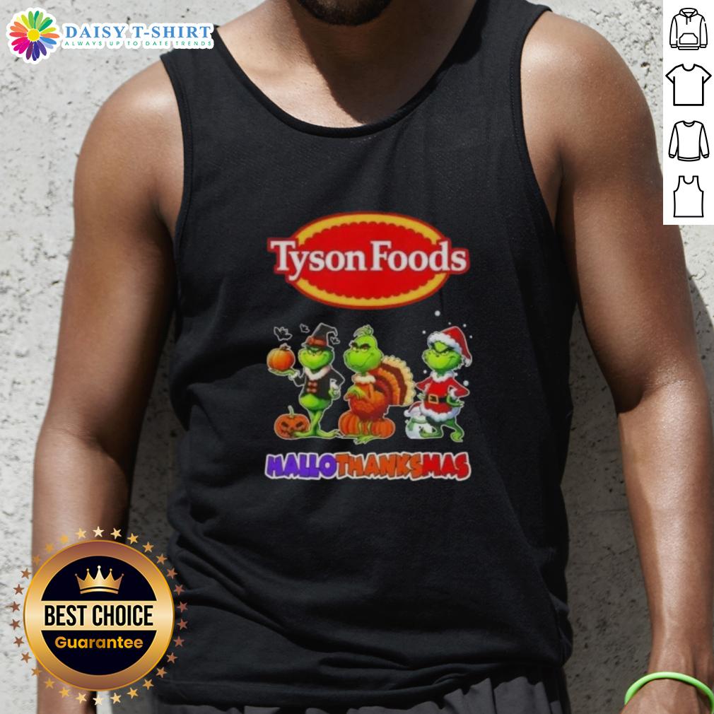 Hot Tyson Foods X Grinch Cosplay Happy Hallothanksmas Tank Top Hot Tyson Foods X Grinch cosplay tank top for Happy HalloThanksMas featuring festive design and vibrant colors.