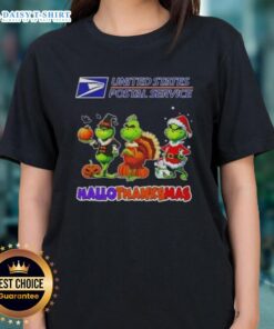 Alt Text: Hot USPS X Grinch cosplay ladies tee for Happy HalloThanksMas celebration, featuring festive graphics and vibrant colors.