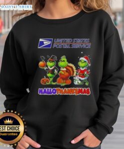 Hot USPS X Grinch cosplay sweatshirt for Happy HalloThanksMas featuring festive design and cozy fit.