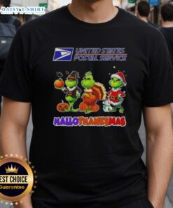 Hot USPS x Grinch Cosplay Happy Hallothanksmas T-Shirt featuring festive design for the holiday season.