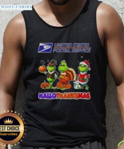 Hot USPS X Grinch cosplay tank top for Happy HalloThanksMas celebration, featuring festive colors and playful design.