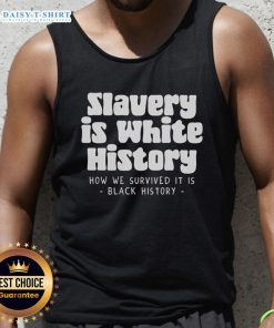 Hot Van Lathan Jr. wearing 'Slavery Is White History' tank top, promoting awareness on historical narratives and racial issues.