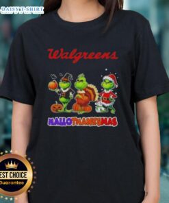 Hot Walgreens X Grinch Cosplay Happy HalloThanksMas Ladies Tee featuring festive design and vibrant colors for holiday celebrations.