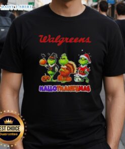 Hot Walgreens X Grinch Cosplay Happy Hallothanksmas T-Shirt featuring festive design and vibrant colors for holiday celebrations.