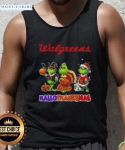 Hot Walgreens x Grinch cosplay tank top for Happy HalloThanksMas featuring festive design and vibrant colors.