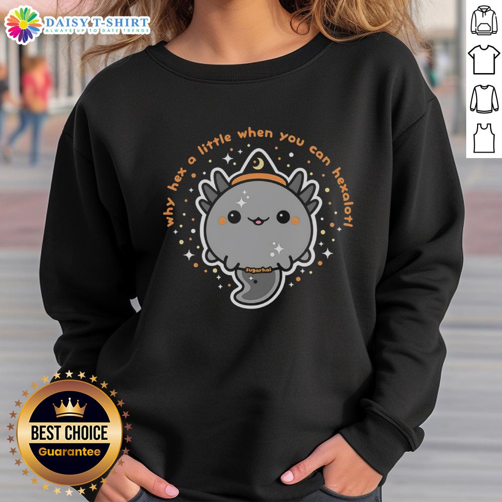 Hot Why Hex A Little When You Can Hexalotl Sweatshirt Cozy 'Hexalotl' sweatshirt featuring colorful graphics, perfect for fans of quirky fashion and magical themes.