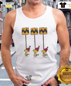 Funny Christmas Hot Woodstock Peanuts tank top featuring yellow and black Charlie Brown design for festive holiday style.