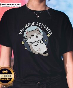 Cute cat napping in zero gravity on a ladies tee, showcasing 'Nap Mode Activated' design for cat lovers.
