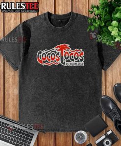 Nice 2025 Rochester Red Wings Cocos Locos washed t-shirt featuring vibrant team colors and logo design.