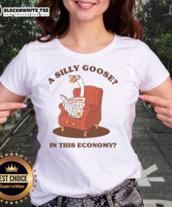 Nice and silly goose graphic on a ladies tee, perfect for humor-loving fashionistas in today's economy.