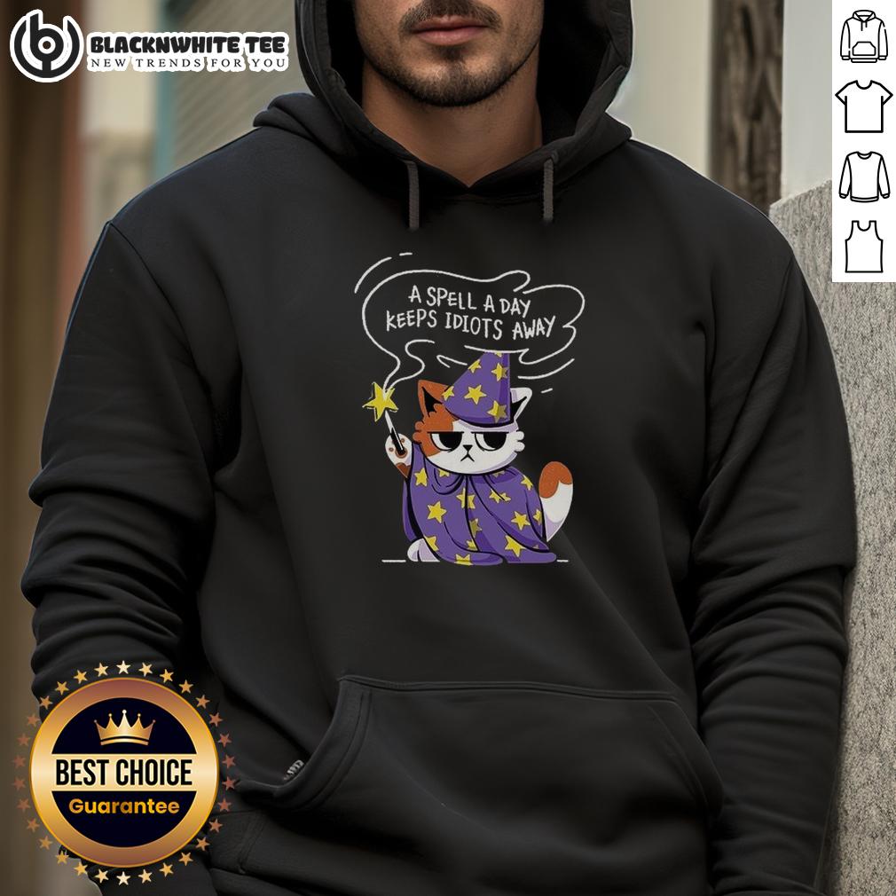 Nice A Spell A Day Keeps Idiots Away Antisocial Cat Hoodie Antisocial cat hoodie with 'Nice-A-Spell-A-Day-Keeps-Idiots-Away' slogan, perfect for cat lovers and introverts.