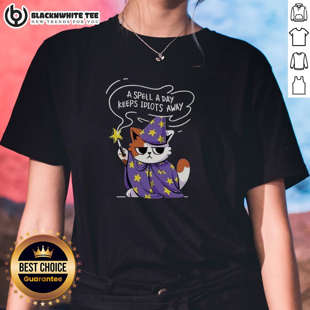 Nice A Spell A Day Keeps Idiots Away Antisocial Cat Ladies Tee Alt Text: Funny 'Nice A Spell A Day Keeps Idiots Away' tee for antisocial cat ladies, featuring a playful cat graphic.