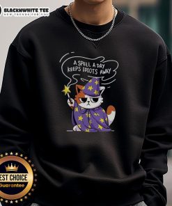 Antisocial cat sweatshirt featuring 'Nice-A-Spell-A-Day-Keeps-Idiots-Away' text, perfect for cat lovers and introverts.