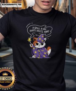 Antisocial cat t-shirt featuring the phrase 'A Spell A Day Keeps Idiots Away' in a playful design.