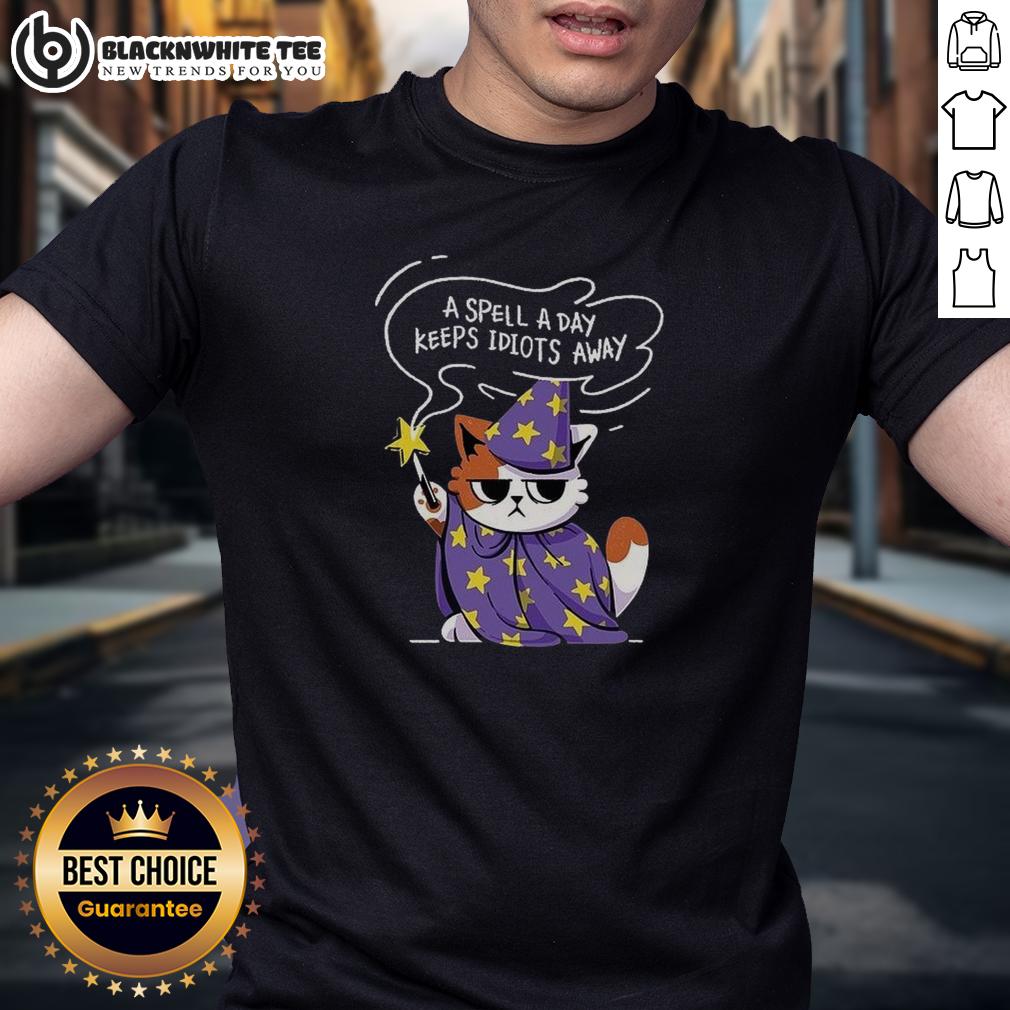 Nice A Spell A Day Keeps Idiots Away Antisocial Cat T Shirt Antisocial cat t-shirt featuring the phrase 'A Spell A Day Keeps Idiots Away' in a playful design.