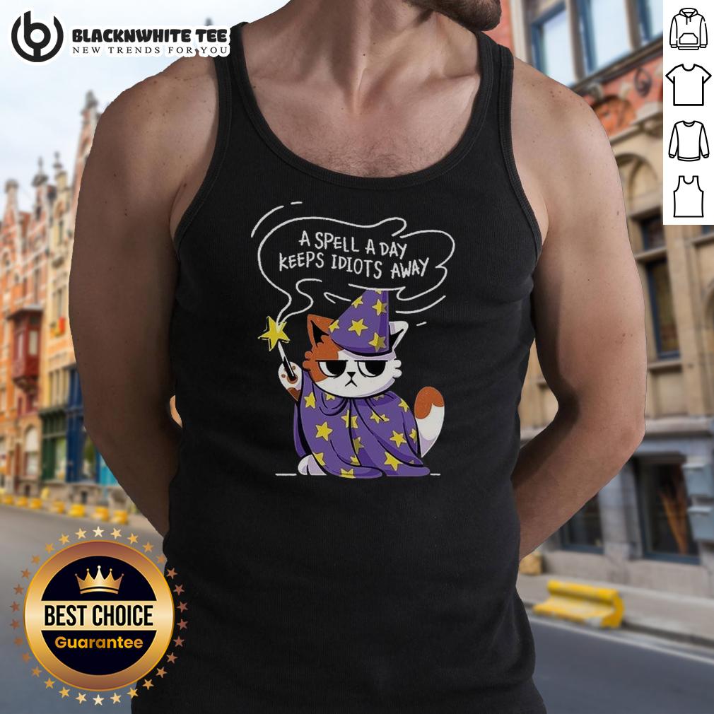 Nice A Spell A Day Keeps Idiots Away Antisocial Cat Tank Top Antisocial cat tank top featuring 'Nice-A-Spell-A-Day-Keeps-Idiots-Away' slogan, perfect for cat lovers and introverts.