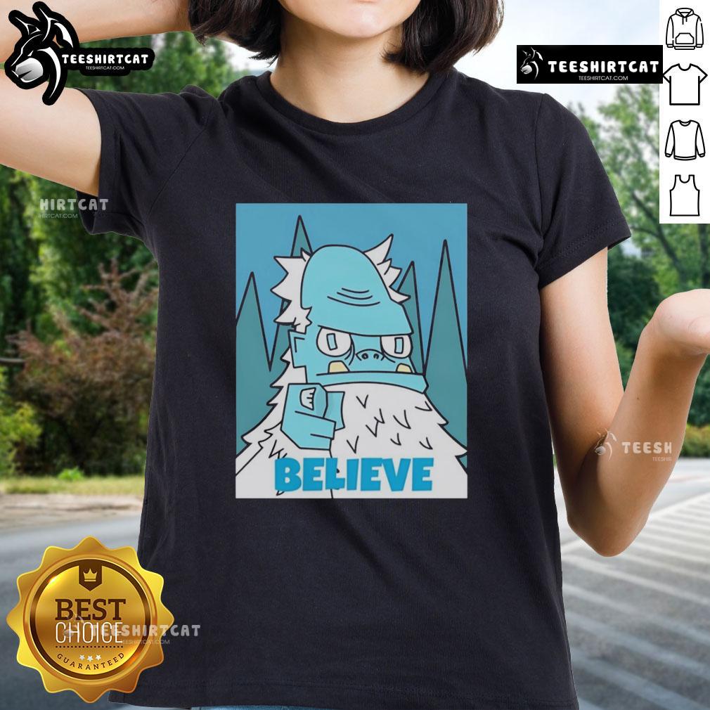 Nice Abominable Snowman Believe Ladies Tee Stylish 'Nice Abominable Snowman Believe' ladies tee featuring a playful snowman design, perfect for winter wear.