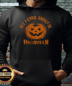 Cozy Nice All I Care About Is Halloween Pumpkin Hoodie in vibrant orange, perfect for festive fall celebrations.