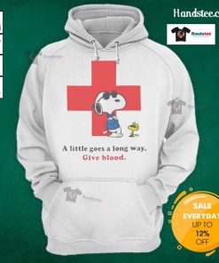 Alt Text: Nice American Red Cross Peanuts Snoopy hoodie promoting blood donation with the slogan 'A Little Goes a Long Way.'
