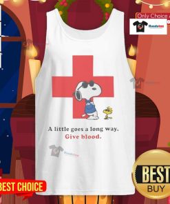 American Red Cross Peanuts Snoopy tank top promoting blood donation with 'A Little Goes A Long Way' slogan.