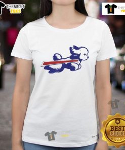 Adorable Bichon Frise parody logo on a Buffalo Bills football tee for ladies, perfect for dog lovers and sports fans.