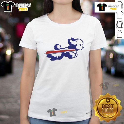 Adorable Bichon Frise parody logo on a Buffalo Bills football tee for ladies, perfect for dog lovers and sports fans.