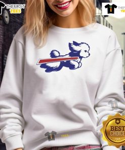 Bichon Frise parody logo sweatshirt featuring Buffalo Bills colors and design, perfect for dog lovers and football fans.