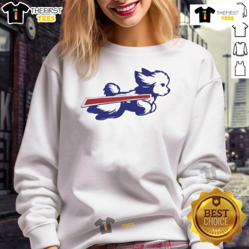 Bichon Frise parody logo sweatshirt featuring Buffalo Bills colors and design, perfect for dog lovers and football fans.