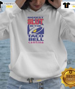 Nice Biggest Slut in the Taco Bell Cantina Hoodie displayed on a mannequin in a trendy urban setting.