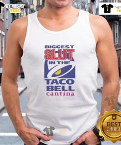 Model wearing 'Nice Biggest Slut In The Taco Bell Cantina' tank top, showcasing bold design and vibrant colors.