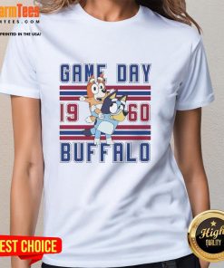 Retro 1960-style ladies tee featuring Nice Bluey and Bingo at a Buffalo Bulls football game, perfect for game day.