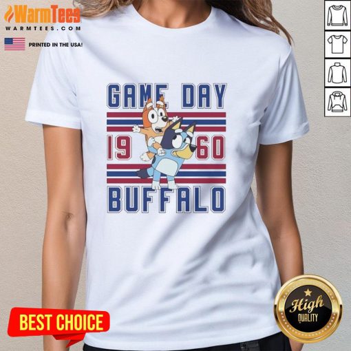 Retro 1960-style ladies tee featuring Nice Bluey and Bingo at a Buffalo Bulls football game, perfect for game day.