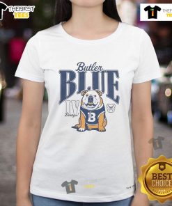 Alt Text: Ladies' tee featuring the Butler University blue IV Dawgs mascot, perfect for fans and casual wear.